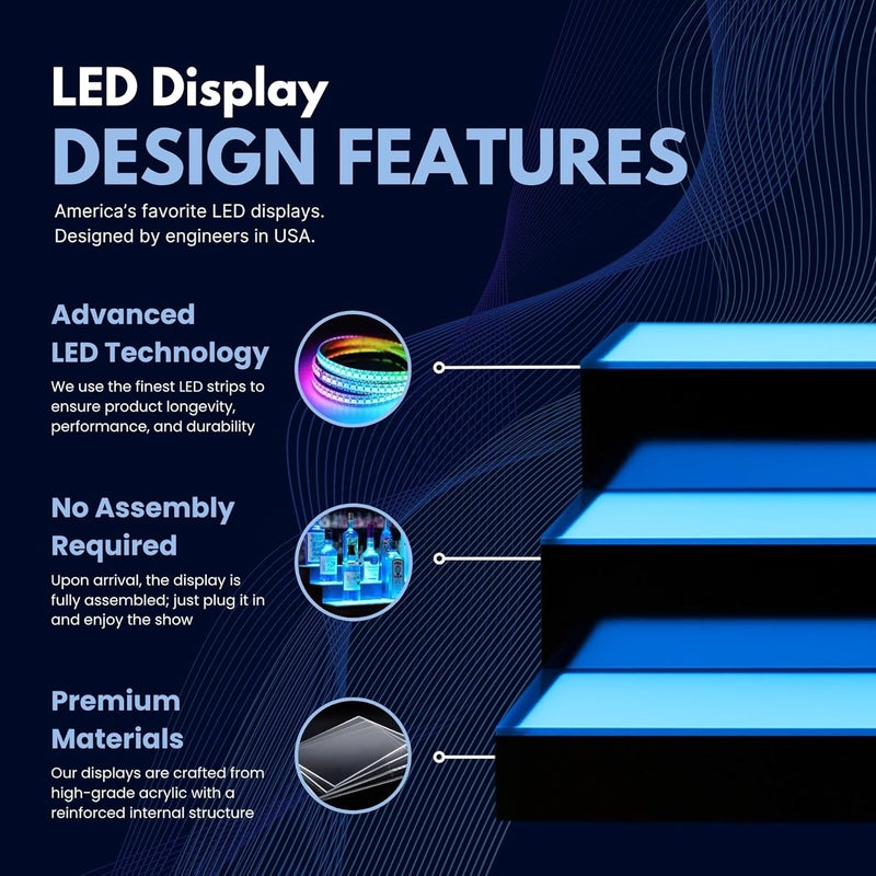 Boss Premium رف عرض زجاجات الكحول المضيء LED من بارUSA™ - وحدات رفوف الويسكي للبار المنزلي وديكور غرفة المعيشة - مصمم في الولايات المتحدة (3 خطوات، 16 بوصة) - Image 5